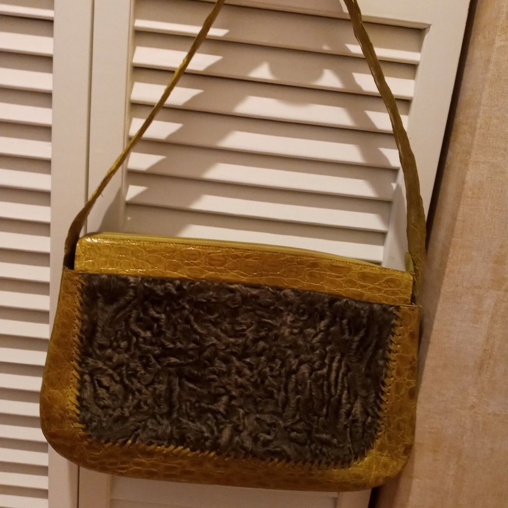 One-of-a-kind, vintage Nancy Gonzalez Crocodile & Astrakhan Shoulder Bag